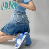 Lunivop American Vintage Denim Skirts Pleated Heart Raw Edge Gradient Color Mini Skirt Y2K Female